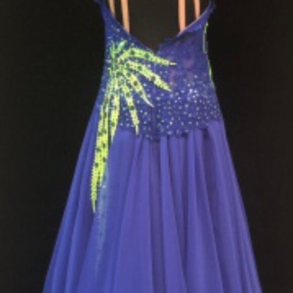"Royal Blue" Smooth couture ballroom gown, new w/ lime green and swarovski - Picture 3 of 3